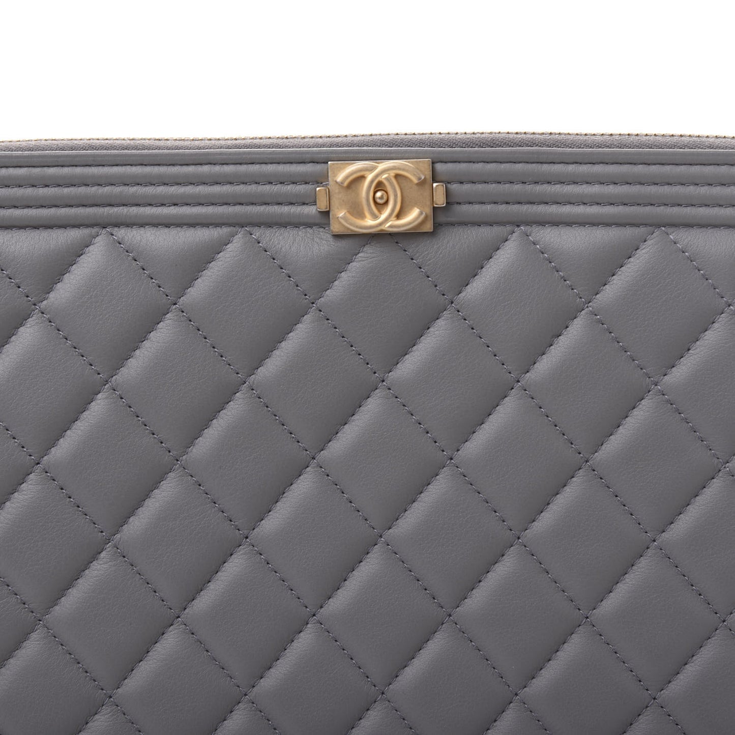 Lambskin Quilted Large Boy Zip Pouch Grey