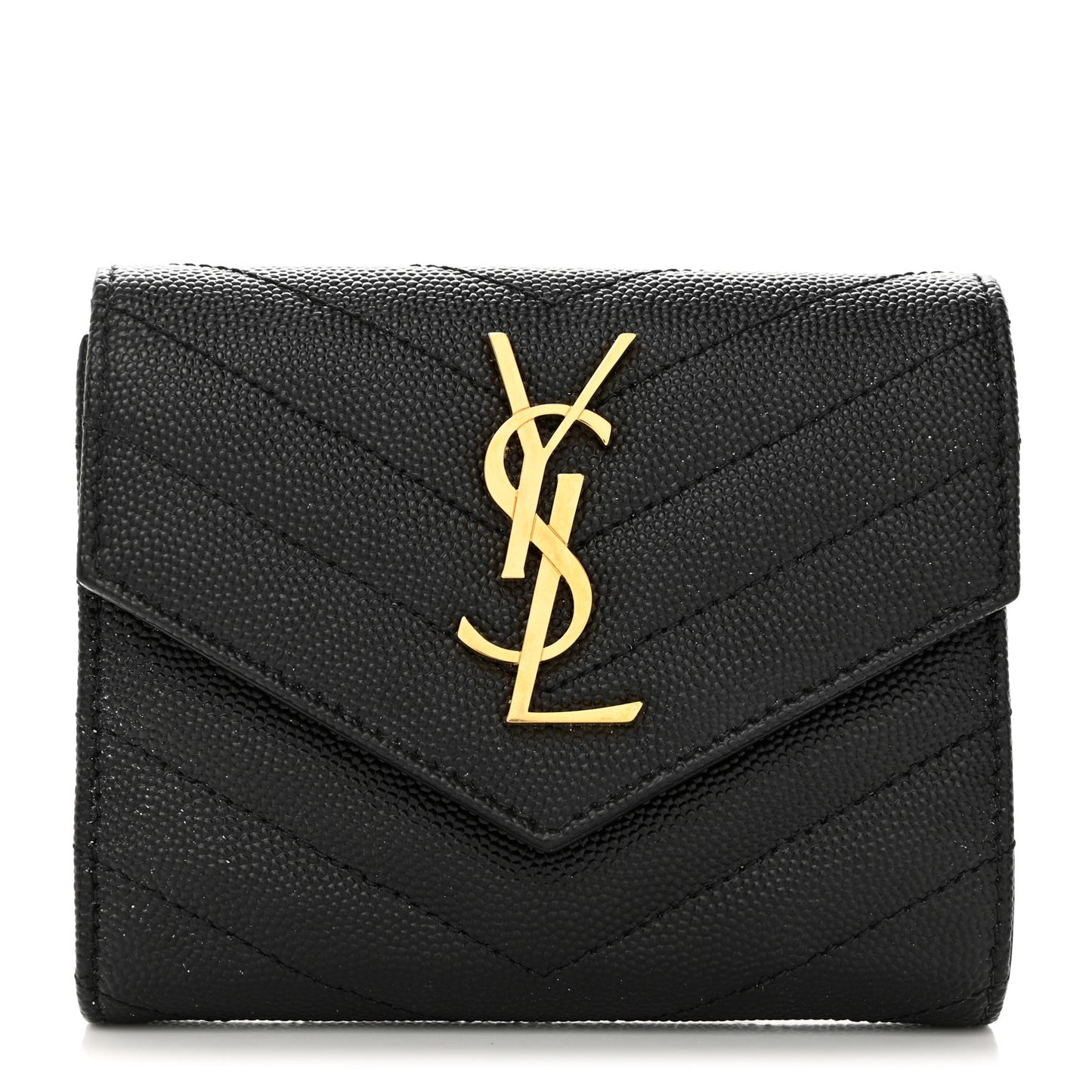 SAINT LAURENT Grain De Poudre Matelasse Chevron Monogram Compact Tri Fold Wallet Black