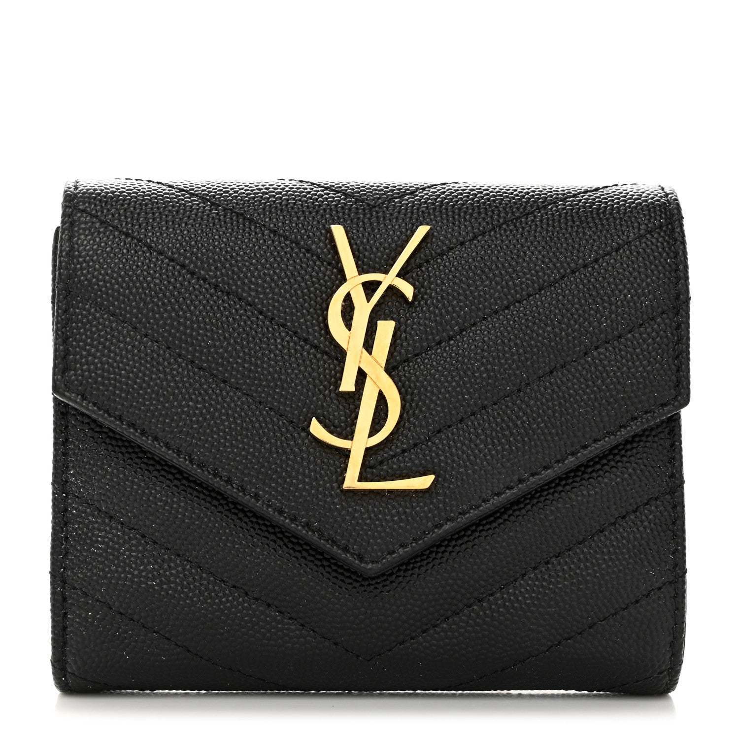 Saint Laurent SAINT LAURENT Grain De Poudre Matelasse Chevron Monogram Compact Tri Fold Wallet Black 1 of 7
