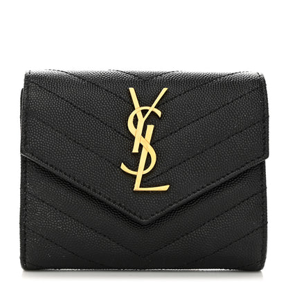 Saint Laurent SAINT LAURENT Grain De Poudre Matelasse Chevron Monogram Compact Tri Fold Wallet Black 1 of 7