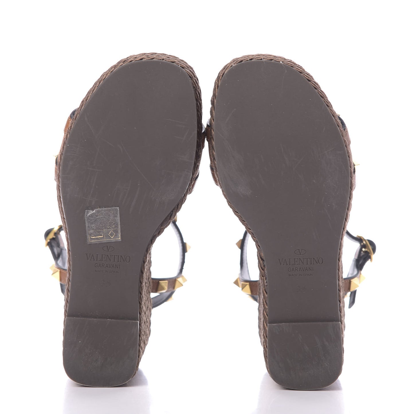 Calfskin Rockstud Torchon Espadrille Wedge Sandals 35 Cuoio