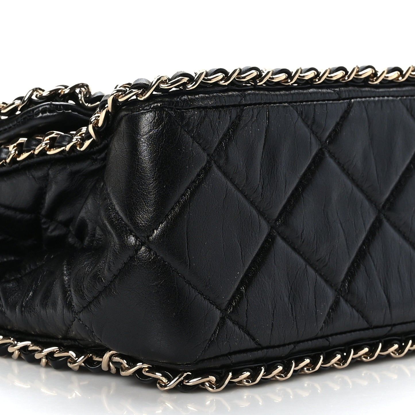 Crumpled Calfskin Quilted Large Chain All Over Flap Bag Black