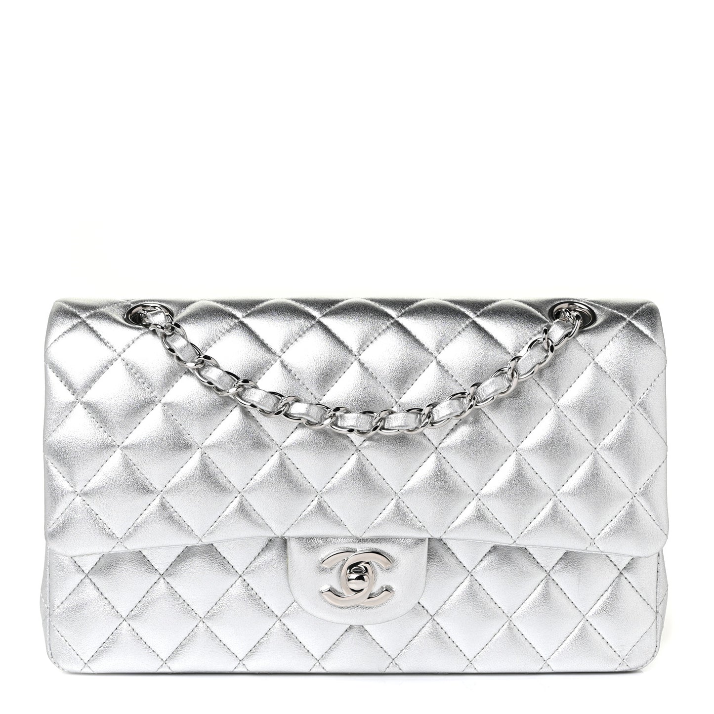 Metallic Lambskin Quilted Medium Double Flap Silver