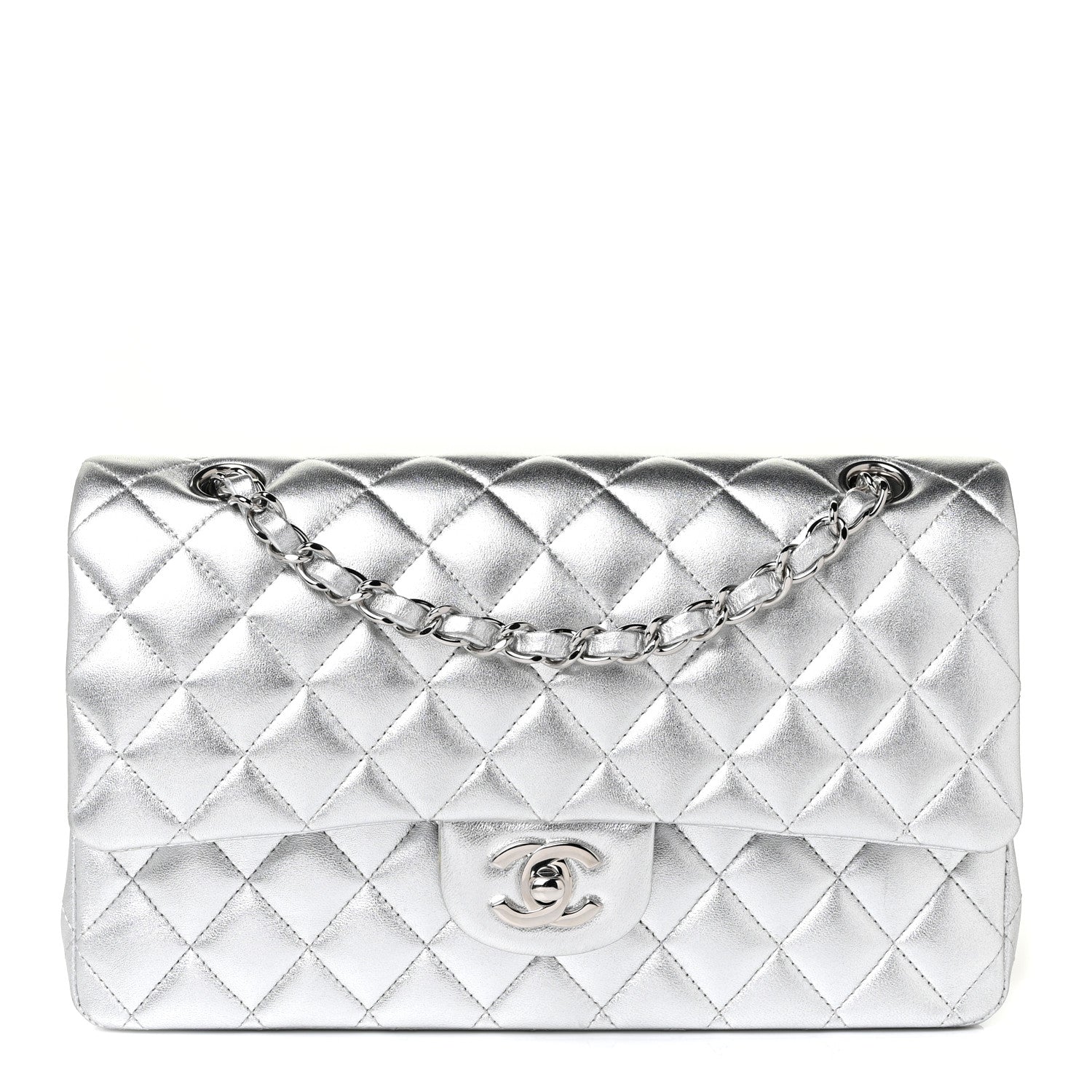 Chanel Metallic Lambskin Quilted Medium Double Flap Silver 1 of 15