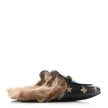 Gucci Goatskin Fur Bee Star Embroidered Womens Princetown Slippers 37.5 Black 4 of 9