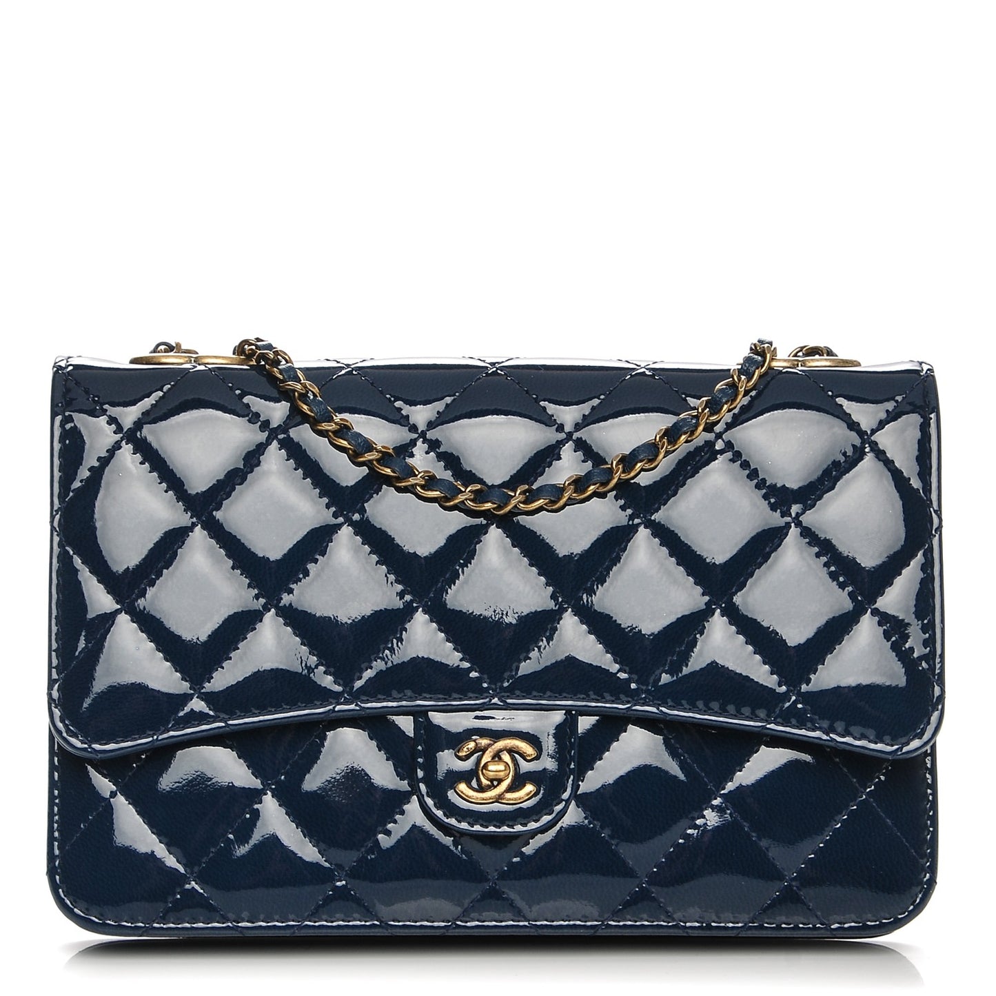 Patent Goatskin Quilted CC Eyelet Wallet On Chain WOC Blue