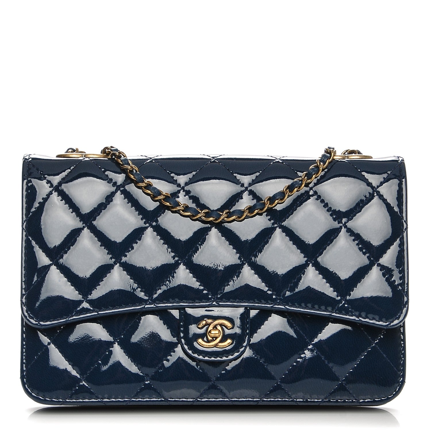 Chanel Patent Goatskin Quilted CC Eyelet Wallet On Chain WOC Blue 1 of 9