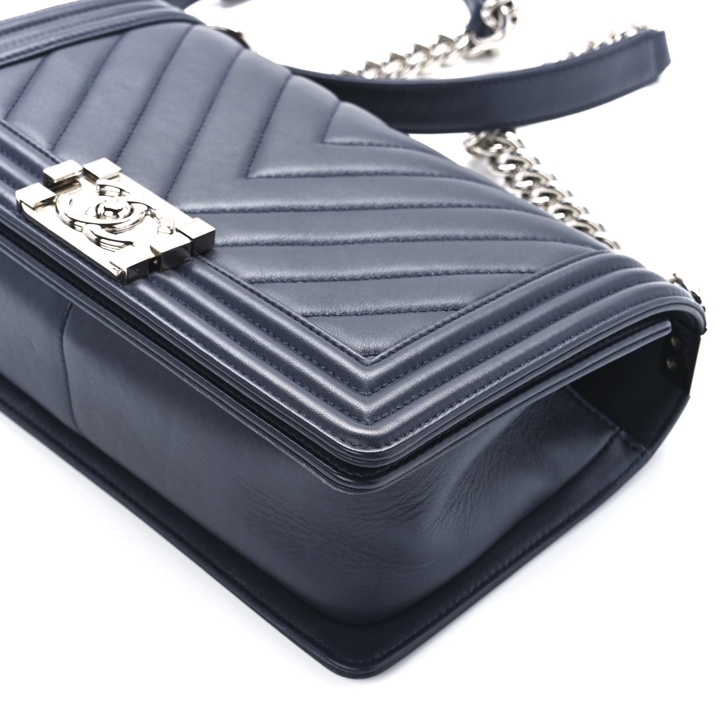 Lambskin Chevron Quilted Medium Boy Flap Navy Blue