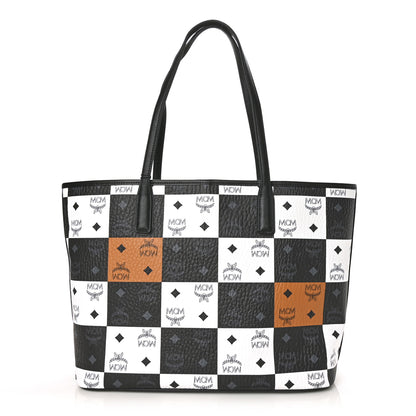 MCM Checkerboard Visetos Medium Aren Shopper Tote Black White 2 of 9