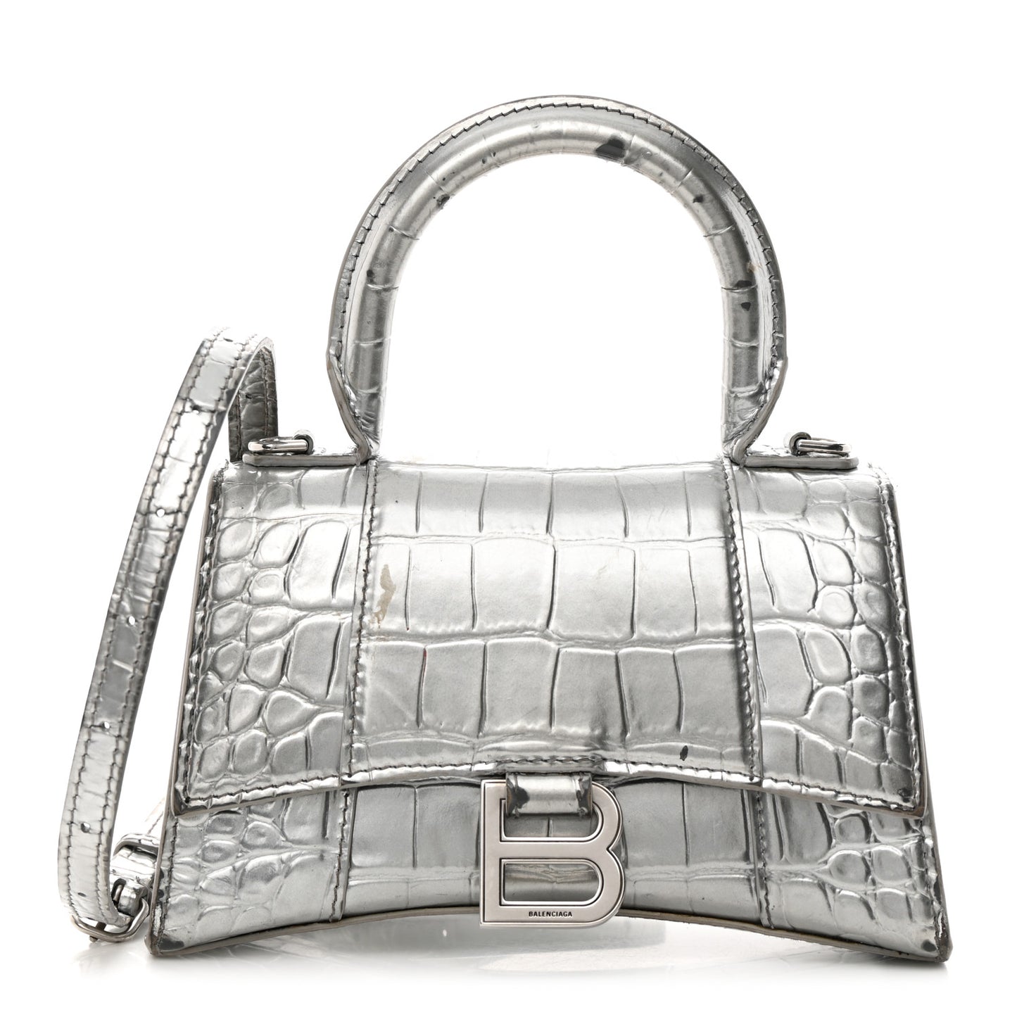 Metallic Calfskin Crocodile Embossed Hourglass Top Handle Bag XS Silver