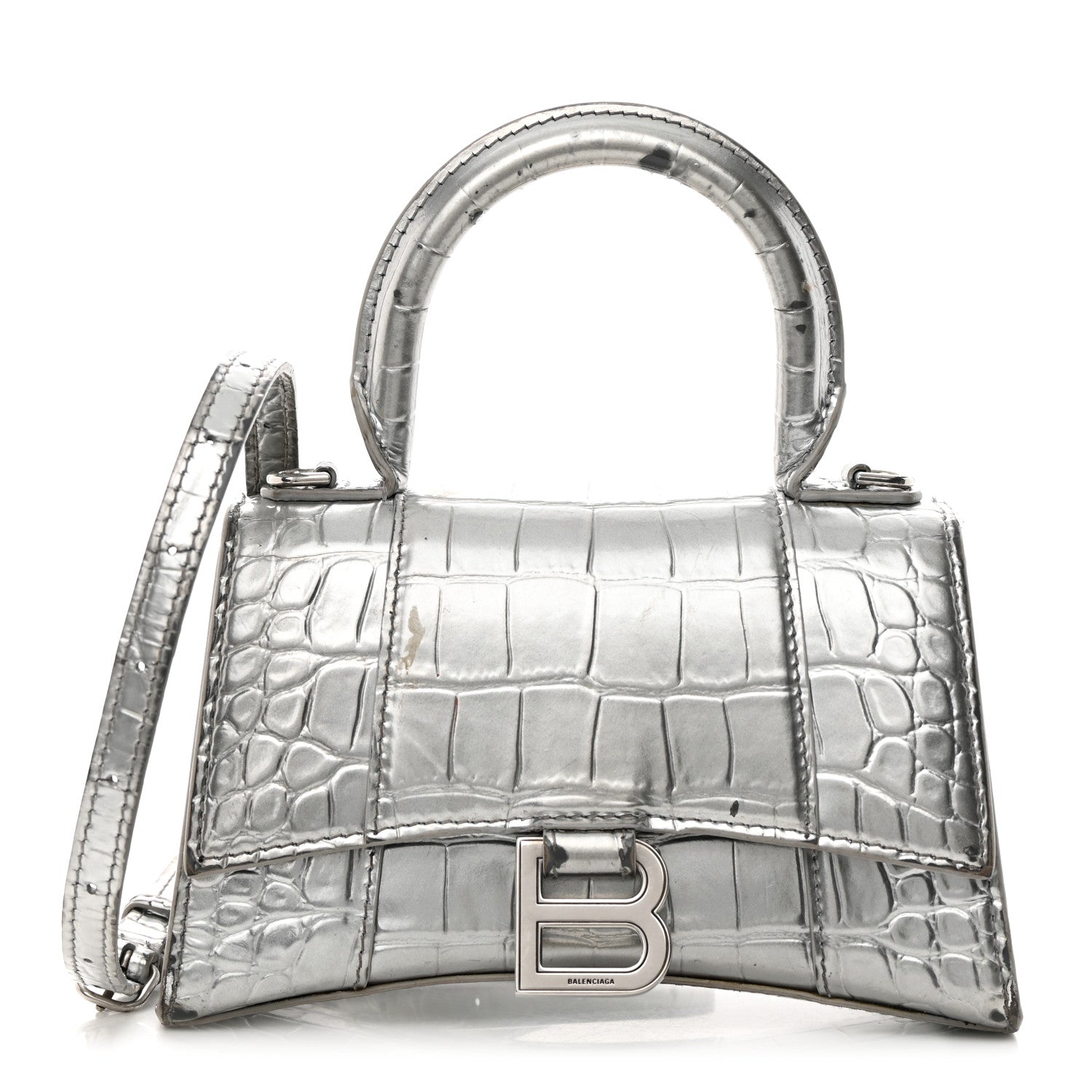 Balenciaga Metallic Calfskin Crocodile Embossed Hourglass Top Handle Bag XS Silver 1 of 27