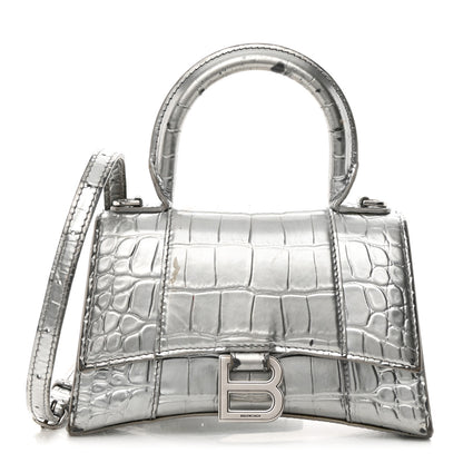 Balenciaga Metallic Calfskin Crocodile Embossed Hourglass Top Handle Bag XS Silver 1 of 27