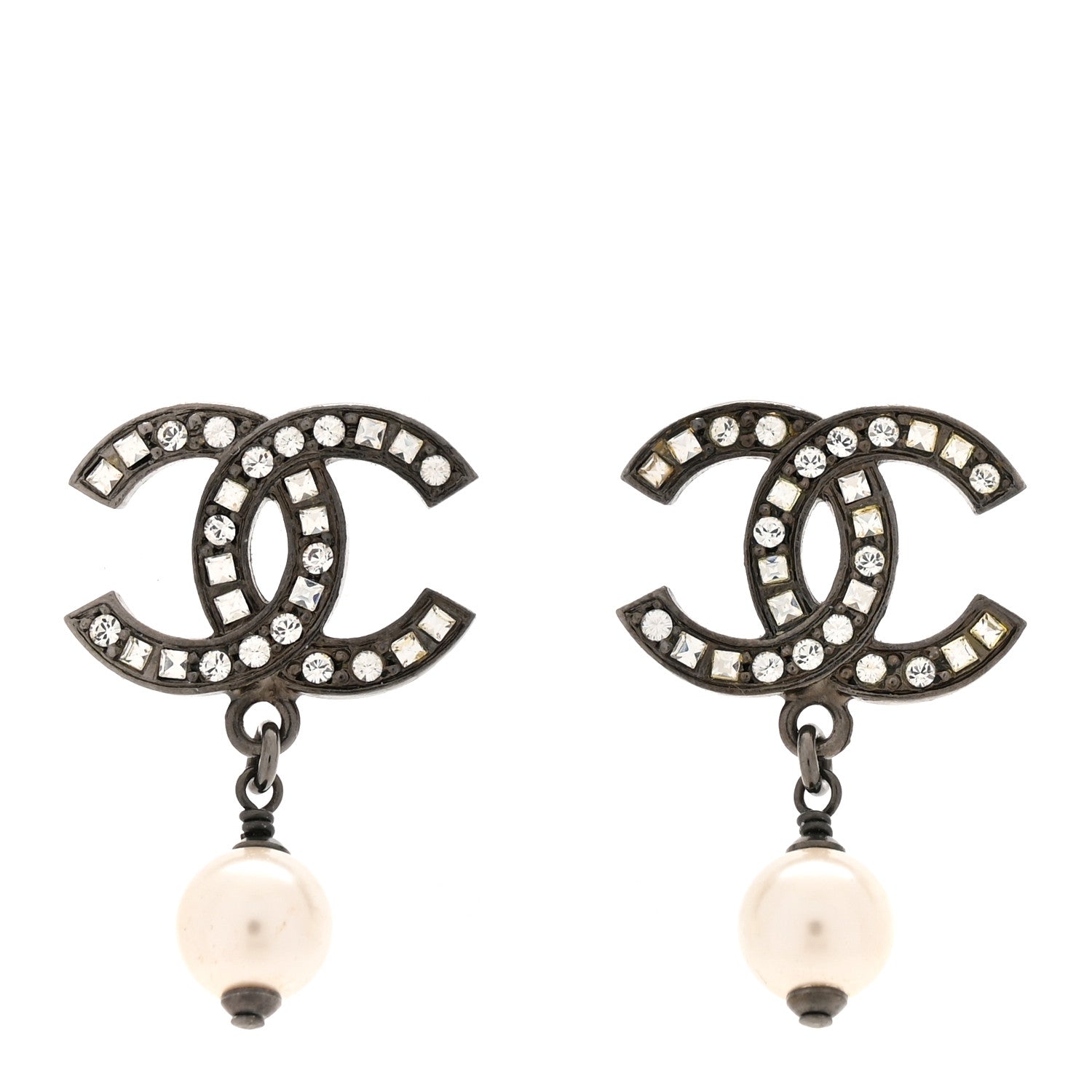 Chanel Ruthenium Crystal Pearl CC Drop Earrings 1 of 5