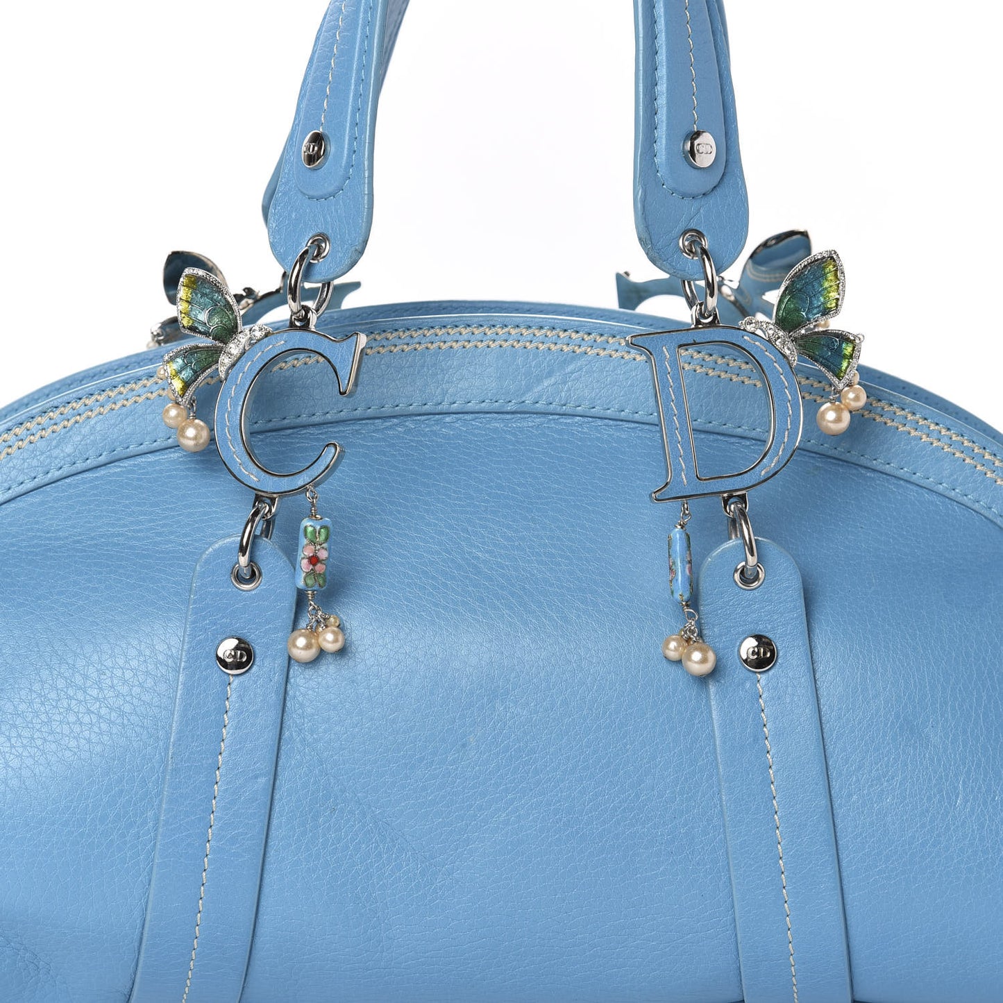 Calfskin Butterfly Pearls Frame Satchel Blue