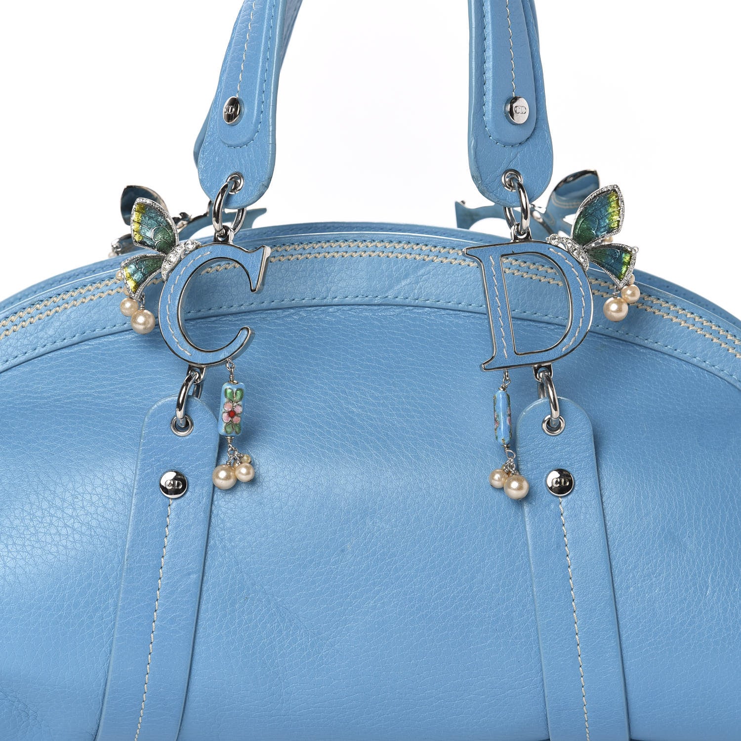 Christian Dior Calfskin Butterfly Pearls Frame Satchel Blue 13 of 13