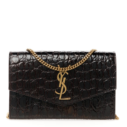 Saint Laurent Calfskin Crocodile Embossed Monogram Uptown Chain Wallet Fondente 1 of 11