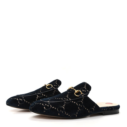 Gucci Velvet GG Monogram Womens Princetown Slippers 38.5 Blue Beige 3 of 8