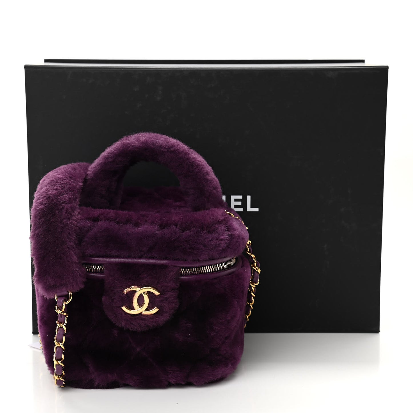 Shearling Lambskin Quilted Small Vanity Case Purple