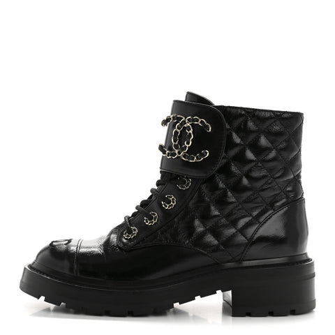 Shiny Lambskin Quilted Lace Up Combat Boots 37 Black