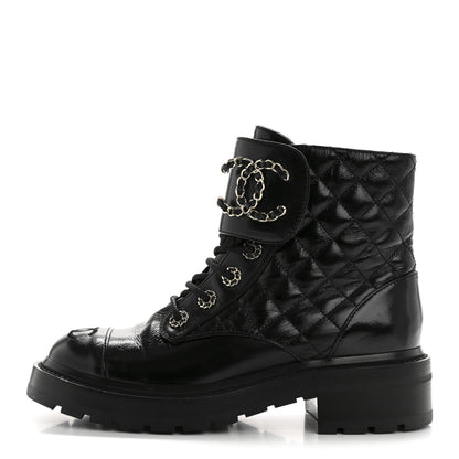 Chanel Shiny Lambskin Quilted Lace Up Combat Boots 37 Black 1 of 11