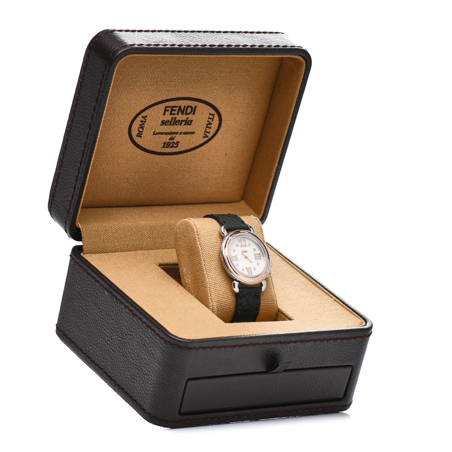 Stainless Steel 18K Rose Gold Calfskin Diamond Mother of Pearl 37mm Selleria Quartz Watch