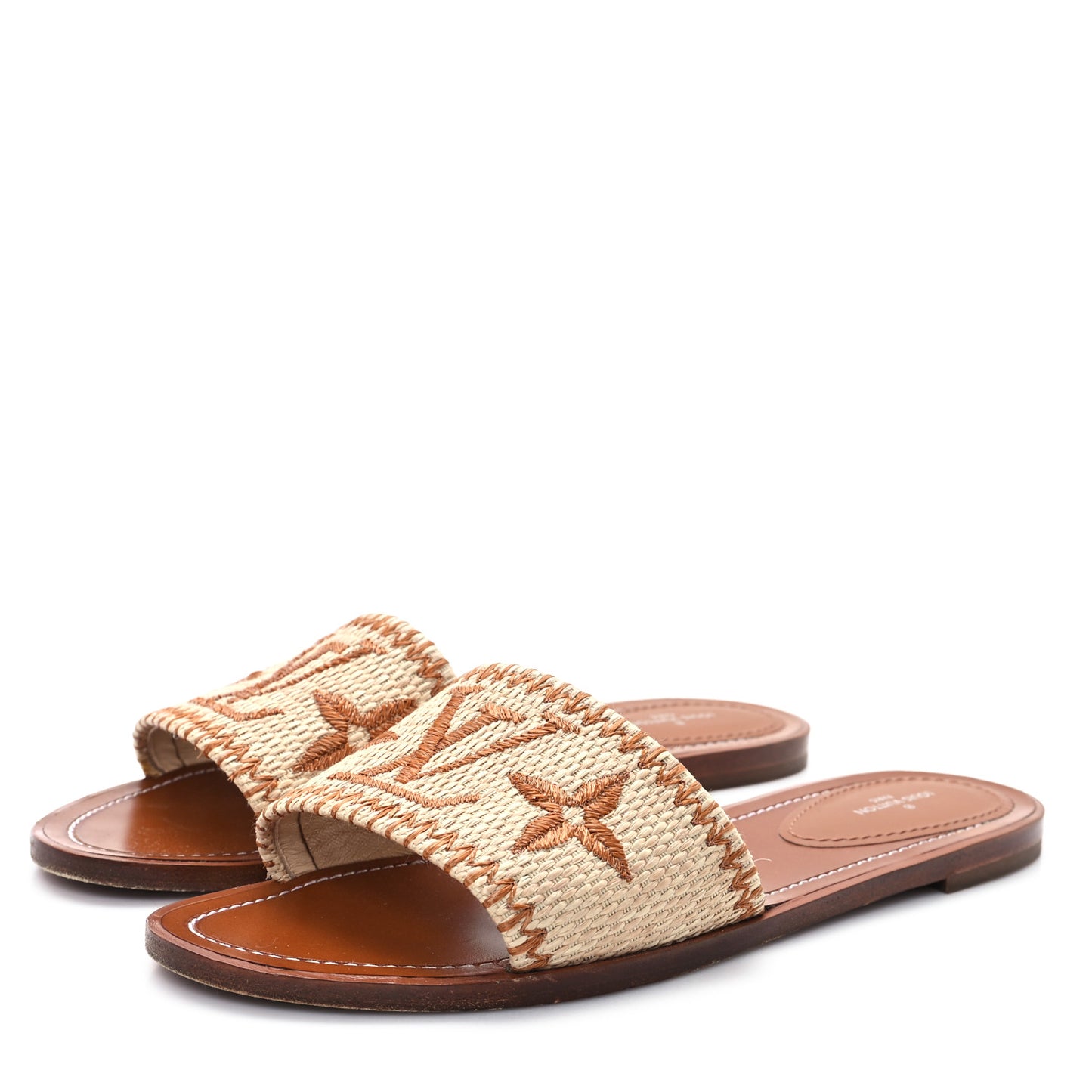 Raffia Calfskin Monogram Lock It Flat Mules 39.5 Cognac Brown