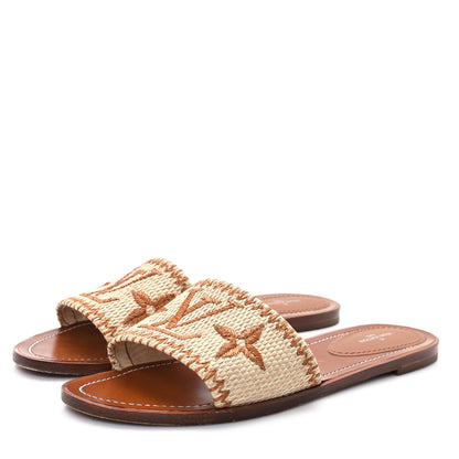 Louis Vuitton Raffia Calfskin Monogram Lock It Flat Mules 39.5 Cognac Brown 4 of 10