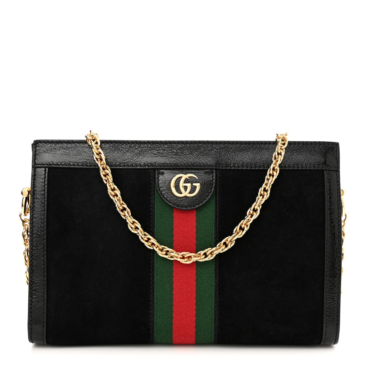 Suede Patent GG Web Small Ophidia Chain Shoulder Bag Black