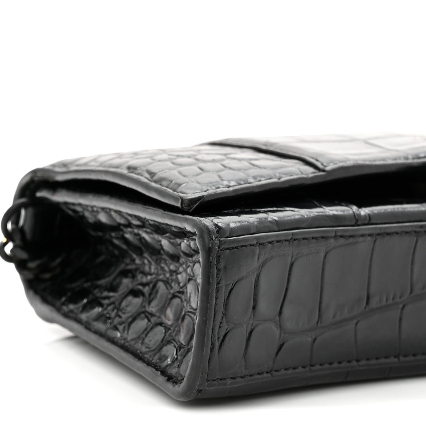 Shiny Calfskin Monochrome Crocodile Embossed Hourglass Chain Bag Black