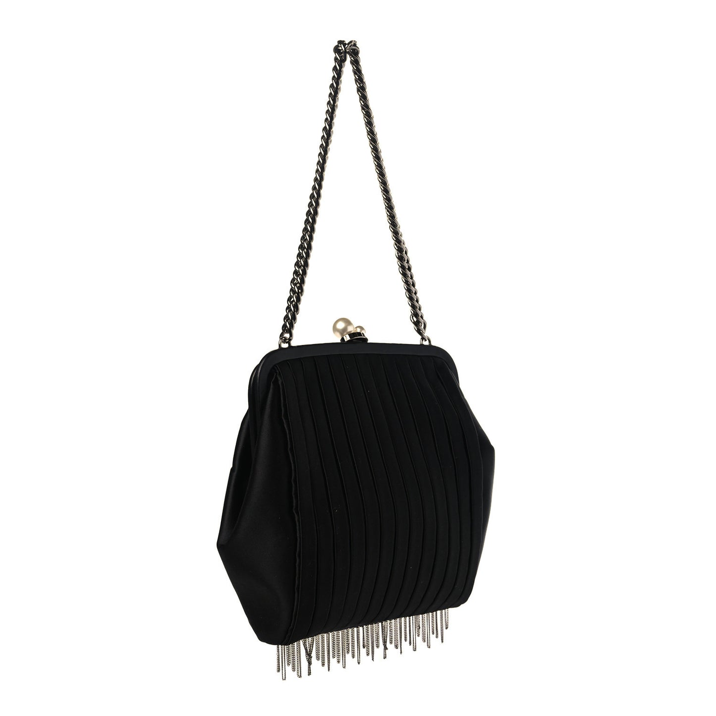 Satin Vertical Pleats Chain Fringe Evening Bag Black