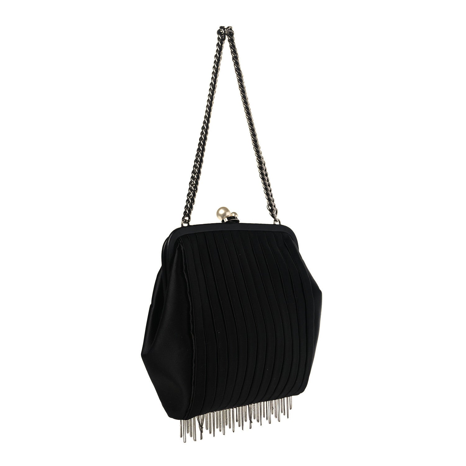 Chanel Satin Vertical Pleats Chain Fringe Evening Bag Black 3 of 9