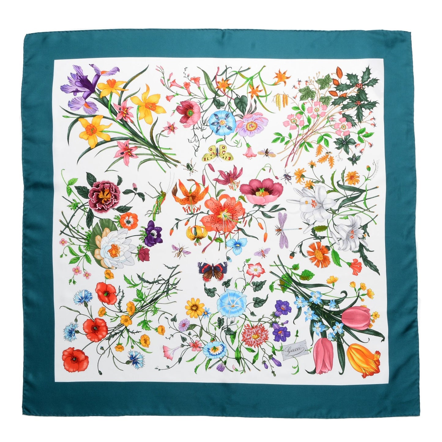 Silk Twill Flora Square Scarf Turquoise