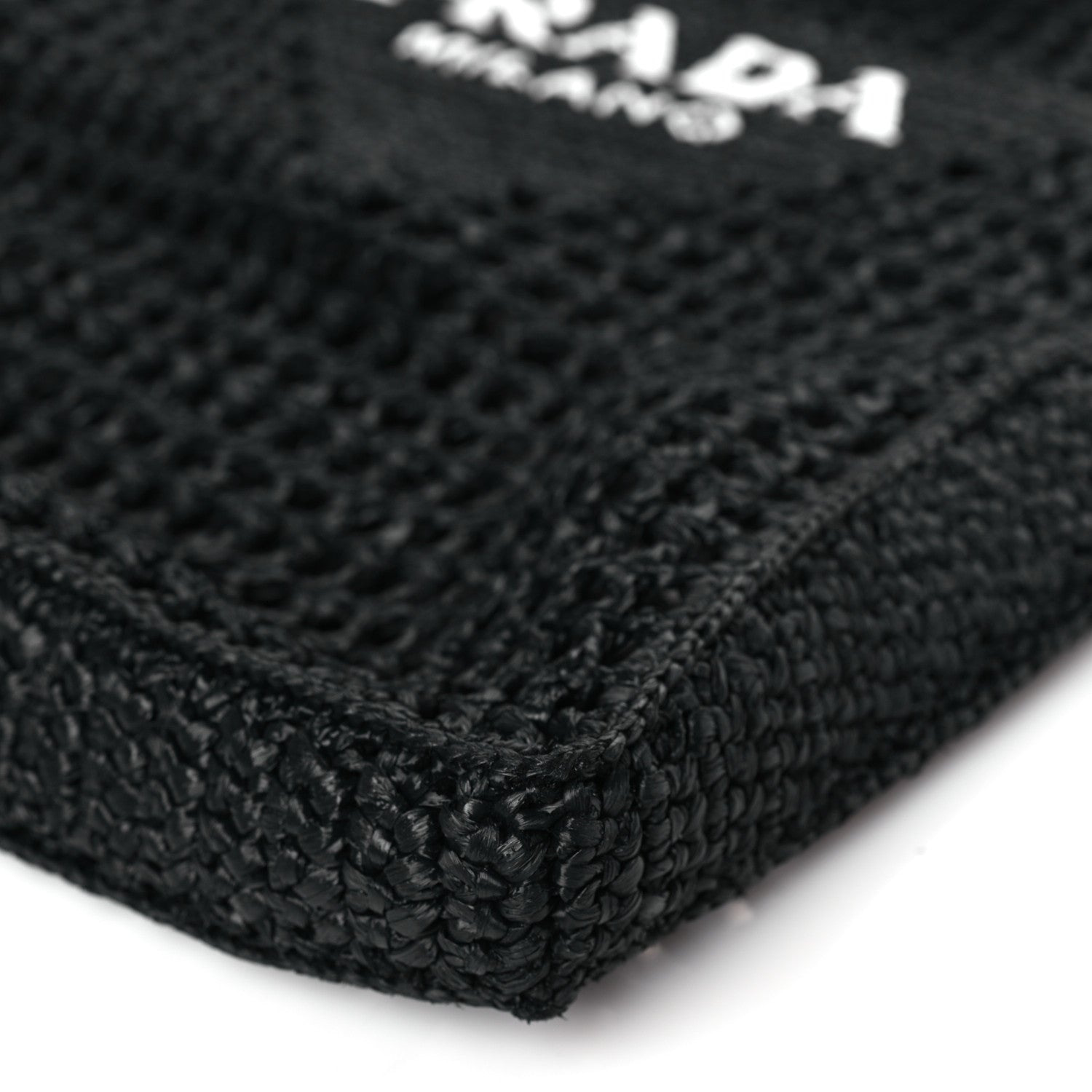 Prada Yarn Raffia Effect Crochet Logo Embroidered Tote Bag Black 8 of 10