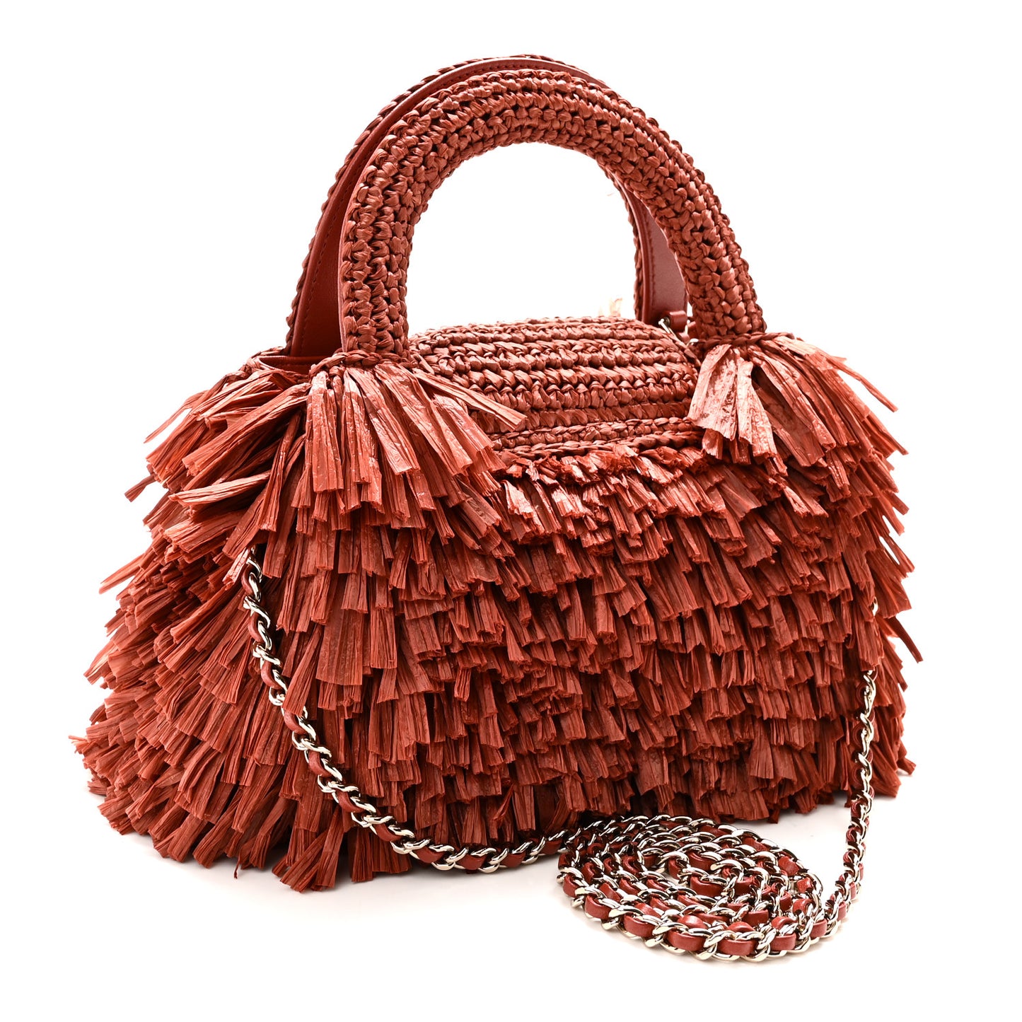 Raffia Fringe Nano Kelly Shopper Red