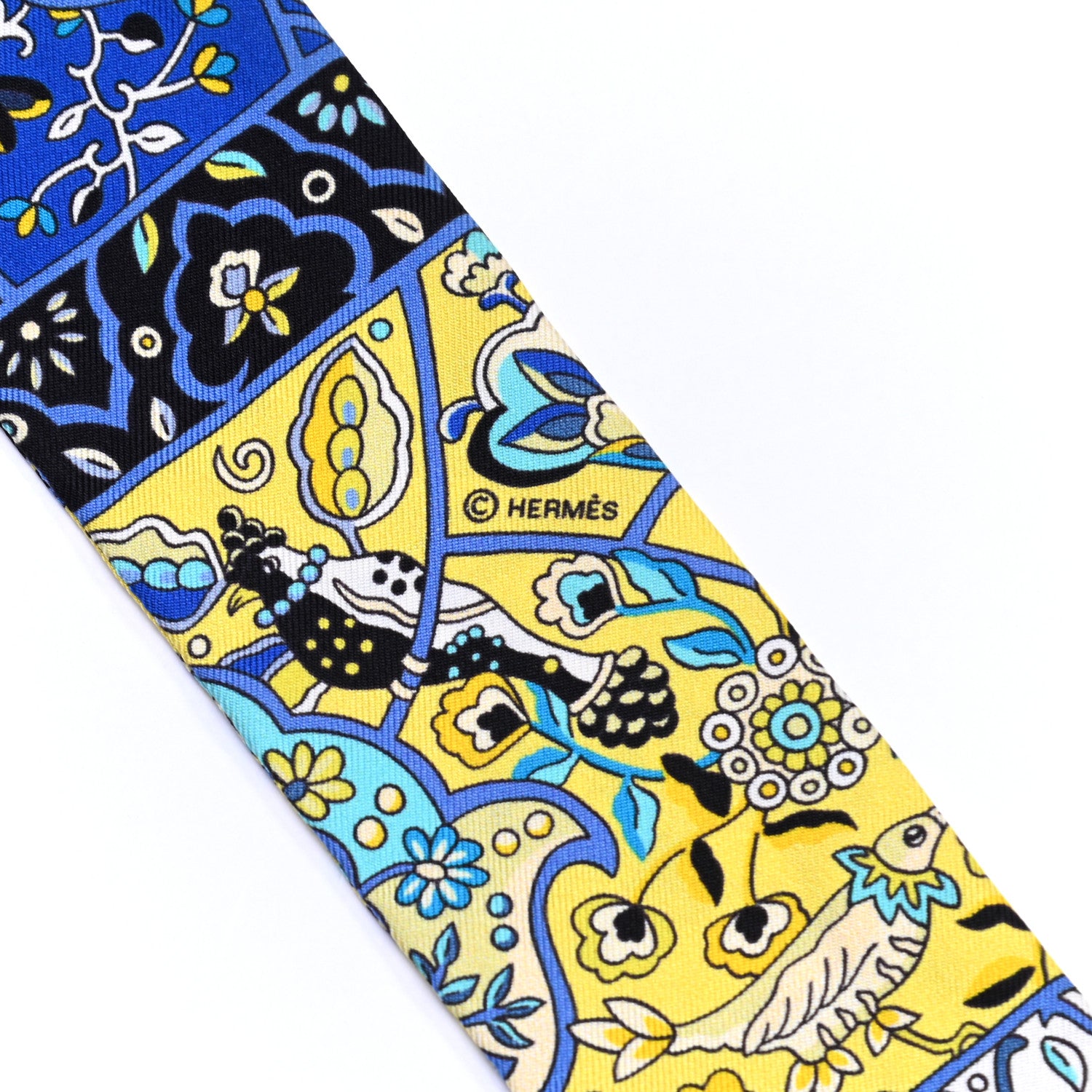 Hermes Silk Au Pays Des Oiseaux Fleurs Twilly Bleu Dur Jaune Vif Turquosie 6 of 8