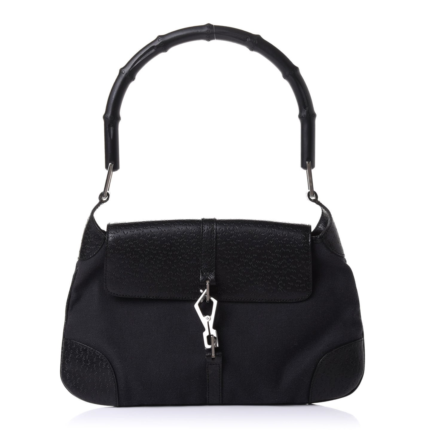 Canvas Calfskin Bamboo Handle Jackie O Hobo Black