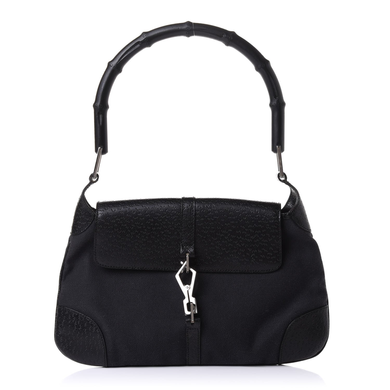 Gucci Canvas Calfskin Bamboo Handle Jackie O Hobo Black 2 of 18