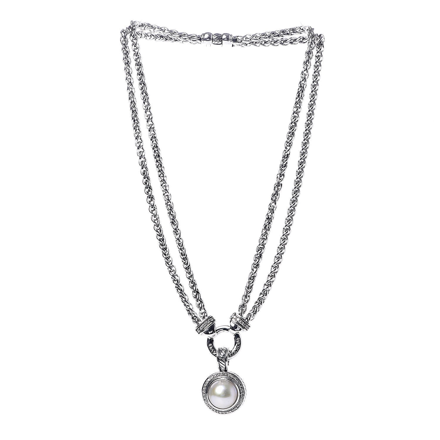 David Yurman Sterling Silver Diamond Pearl Double Wheat Chain Pendant Necklace 3 of 6
