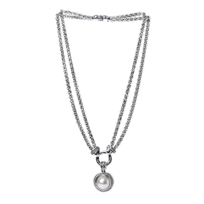 David Yurman Sterling Silver Diamond Pearl Double Wheat Chain Pendant Necklace 3 of 6