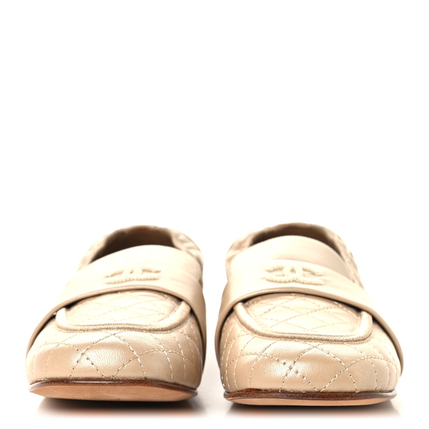 Chanel Laminated Lambskin Womens Quilted Elastic CC Moccasin Loafers 37.5 Beige 3 of 10