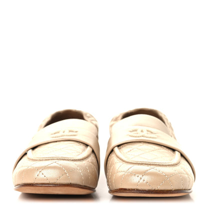 Chanel Laminated Lambskin Womens Quilted Elastic CC Moccasin Loafers 37.5 Beige 3 of 10