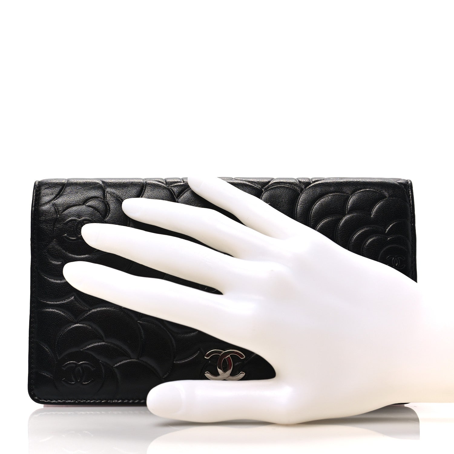 Chanel Lambskin Camellia Embossed Yen Wallet Black 2 of 7