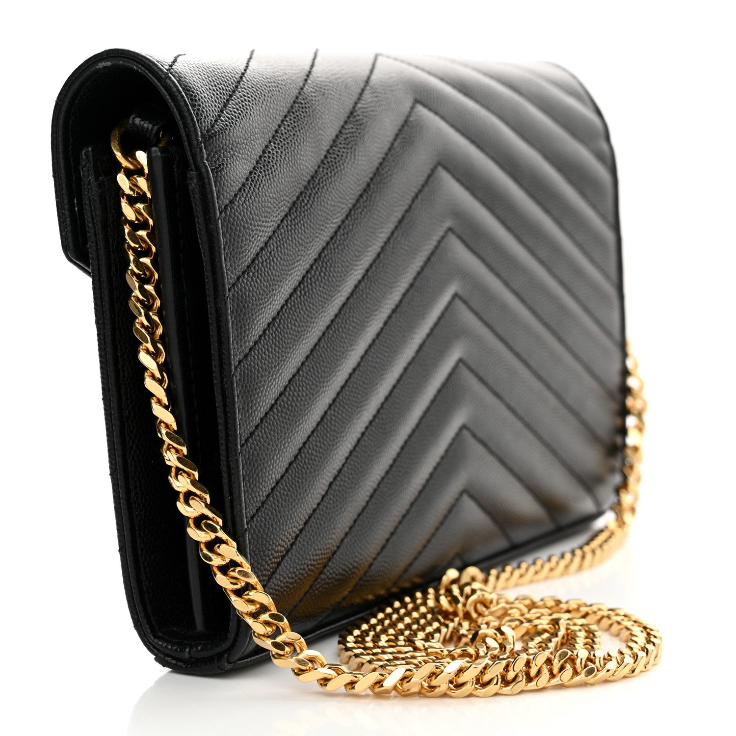 Saint Laurent Grain De Poudre Matelasse Chevron Monogram Chain Wallet Black 3 of 14
