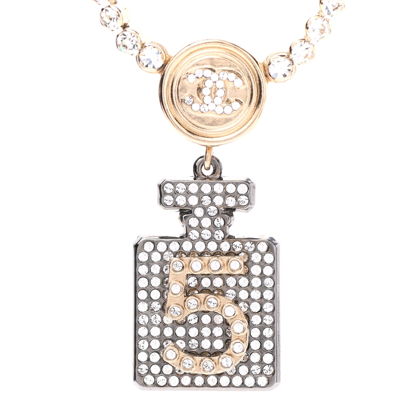 Crystal CC Perfume Bottle Necklace Gold