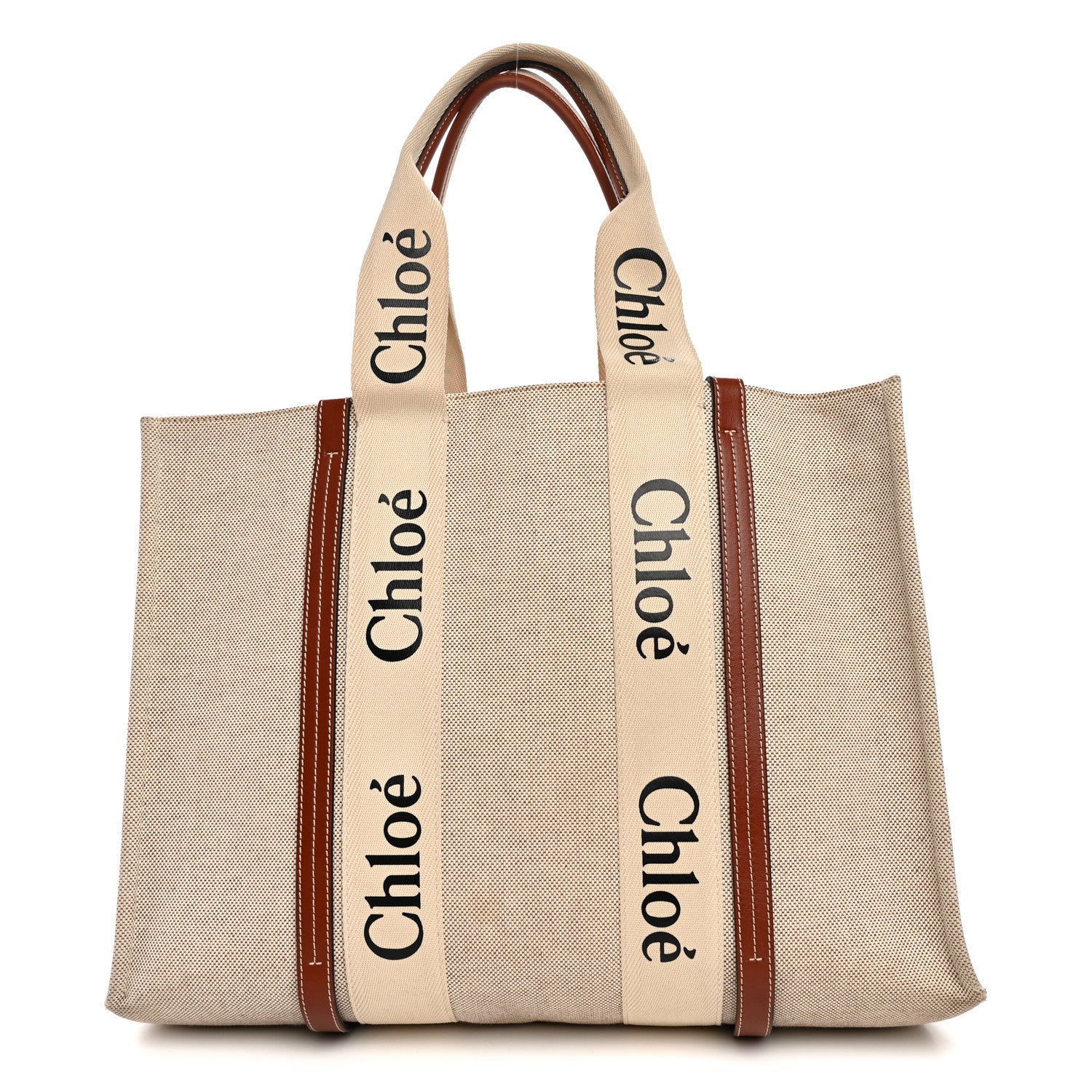 Chloe Cotton Calfskin Large Woody Ribbon Tote White Brown 1 of 13