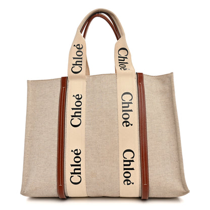 Chloe Cotton Calfskin Large Woody Ribbon Tote White Brown 1 of 13