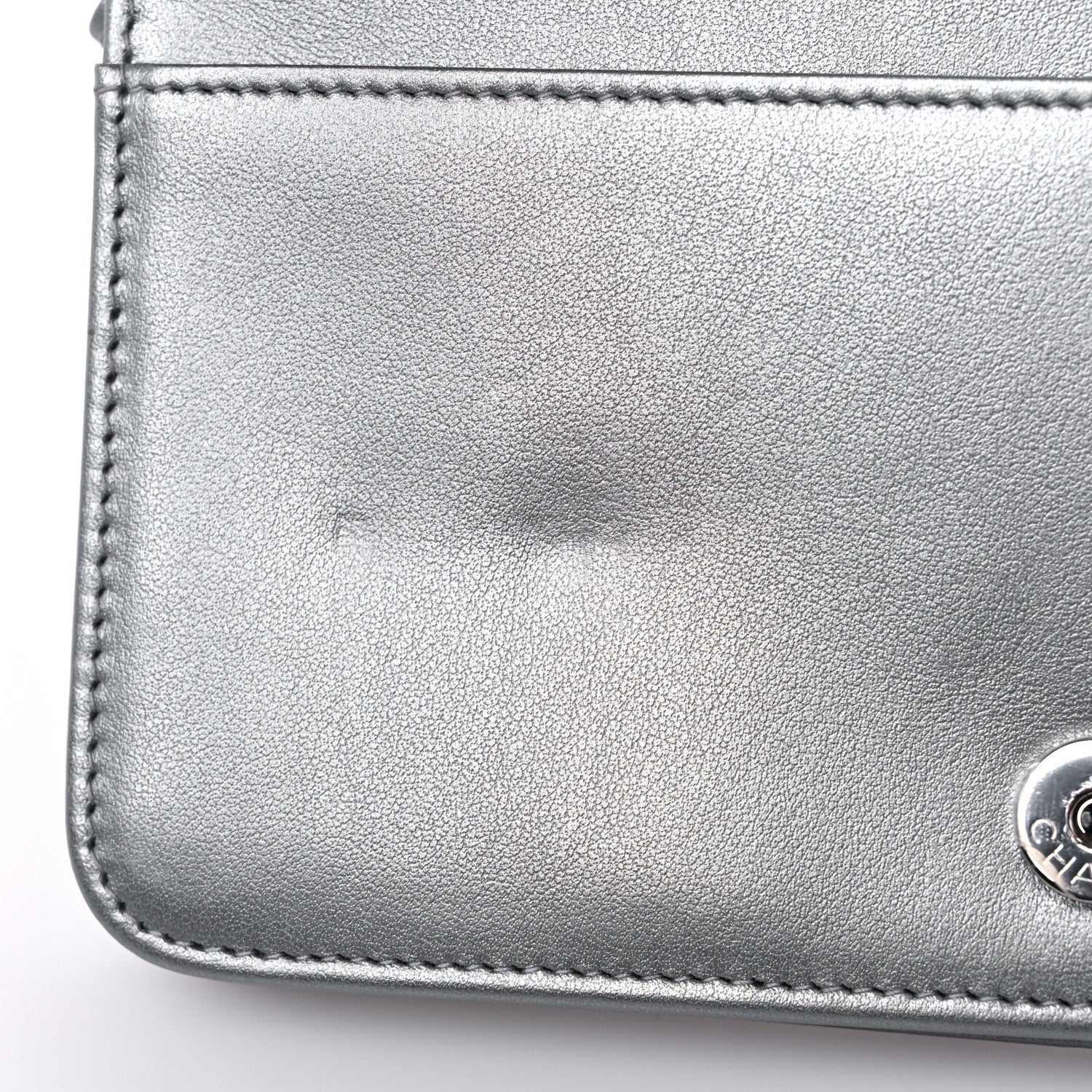 Chanel Metallic Lambskin Crystal Camellia Embossed Wallet On Chain WOC Silver 11 of 12