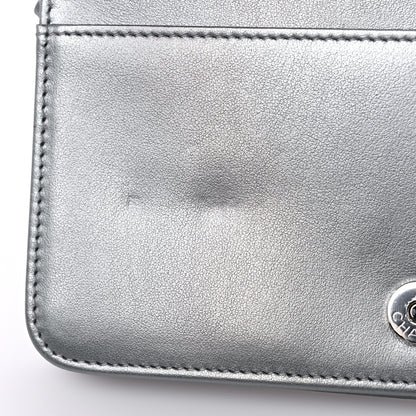 Chanel Metallic Lambskin Crystal Camellia Embossed Wallet On Chain WOC Silver 11 of 12