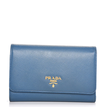 Prada Saffiano Metal Compact Snap Tri-Fold Wallet Cobalto 1 of 8
