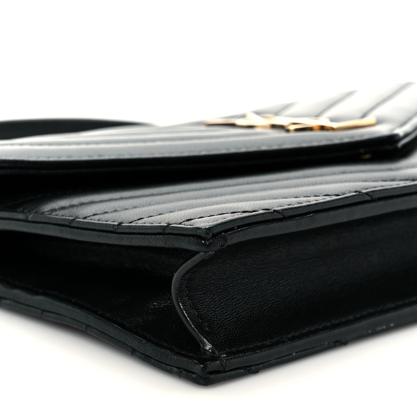 Calfskin Matelasse Chevron Monogram Envelope Chain Wallet Black